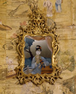 The Chinese Bedroom at Saltram, one of the mid C18th Chinese mirror paintings with a Rococo style.